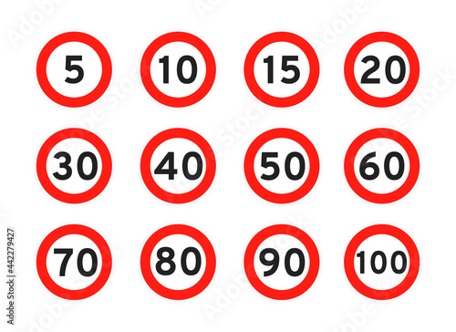 Speed limit 5, 10, 15, 20, 30, 40, 50, 60, 70, 80, 90, 100 round road traffic icon sign flat style design vector illustration set isolated on white background. Circle standard road sign number kmh.