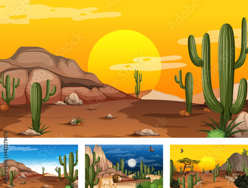 Different scenes with desert forest landscape with animals and plants