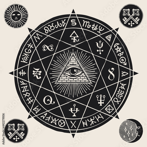 Hand-drawn illustration with an all-seeing eye inside octagonal star, alchemical, Masonic and esoteric symbols. Vector banner or mascot in the form of a circle with a third eye, magic signs and runes