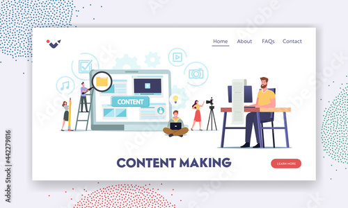 Tiny Characters Creating Content, Copywriting, Marketing Landing Page Template. Copywriter, Freelancer, Smm Manager