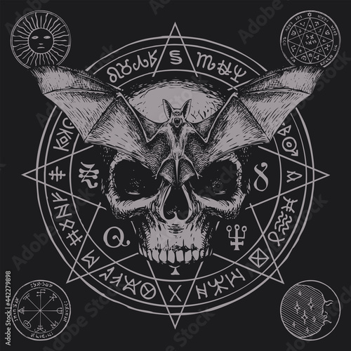 Hand-drawn scary human skull, bat with open wings and magic symbols written in a circle on a black background. Witchcraft, occult attributes, esoteric signs. Vector banner with flying vampire
