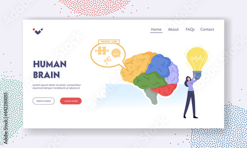 Human Brain Parts Anatomy Landing Page Template. Tiny Female Character with Bulb at Huge Human Brain Separated on Parts