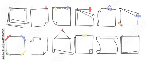 Doodle hand drawn memo notes and reminders vector illustration set. Simple drawing doodle style sketches of square paper sheets with curved corners cute diary design with clip, pins and duct tape.