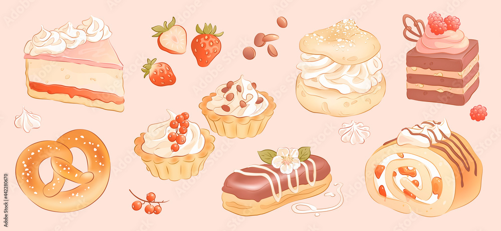 Set of hand drawn cakes, sweets and berries isolated on pink background. Vector illustration
