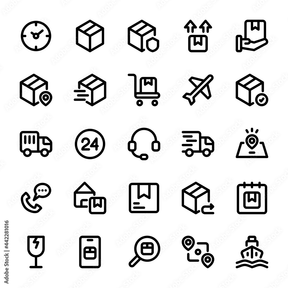 Logistics Delivery Related Vector Line Icons. Contains such Icons as Delivery, Box, Delivery Service, Fast Delivery and More. Logistics Delivery Related Vector Line Icons. Contains such Icons as Delivery, Box, Delivery Service, Fast Delivery and More.