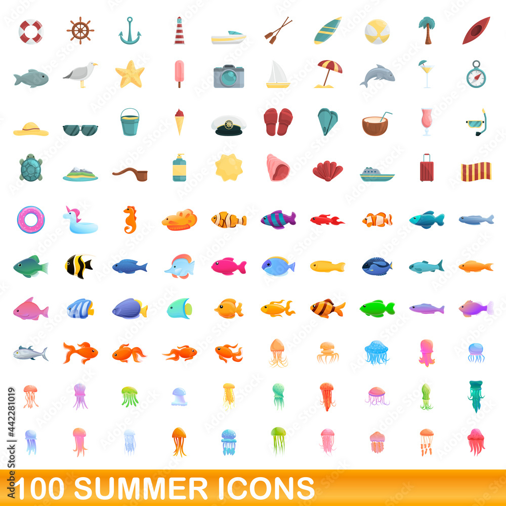 Naklejka premium 100 summer icons set. Cartoon illustration of 100 summer icons vector set isolated on white background