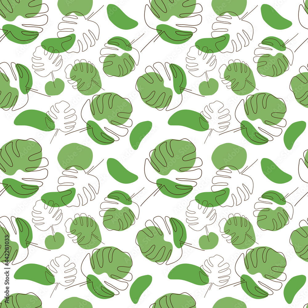 Seamless pattern from leaves and contours of monstera on a white background, vector graphics. For the design of wallpapers, covers, textiles, wrapping paper, prints for clothes, tablecloths.