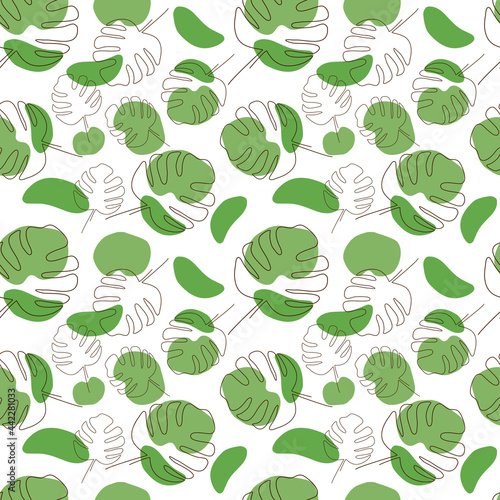 Seamless pattern from leaves and contours of monstera on a white background, vector graphics. For the design of wallpapers, covers, textiles, wrapping paper, prints for clothes, tablecloths.
