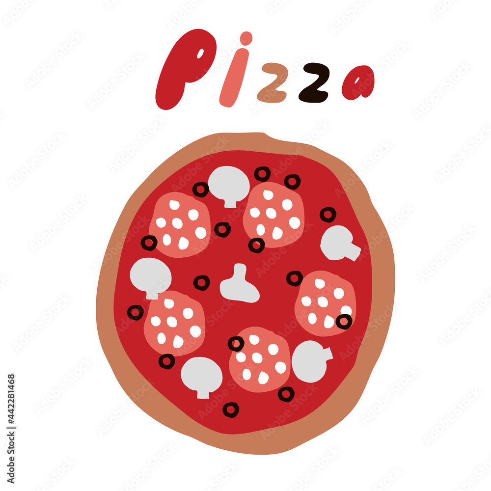 Round pizza drawn in a simple style with an inscription made by hand. The word pizza written by hand Round pizza drawn in a simple style with an inscription made by hand. The word pizza written by hand