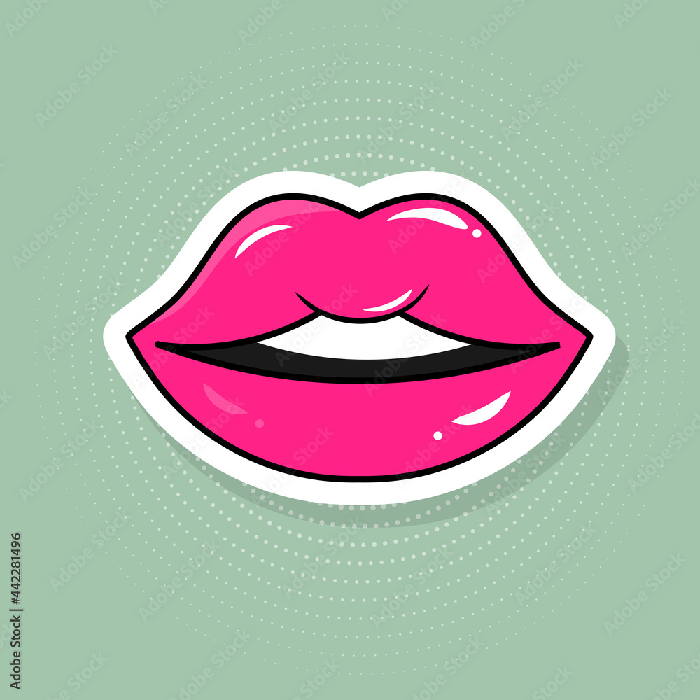 Pink lips sticker in pop art style. Patche in cartoon 80s-90s comics retro style. Pink lips sticker in pop art style. Patche in cartoon 80s-90s comics retro style.