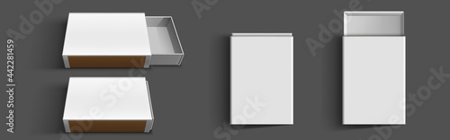 White matchbox, empty package for match sticks in top and perspective view. Vector realistic mockup of 3d blank box with sulfur side, open and closed small carton container