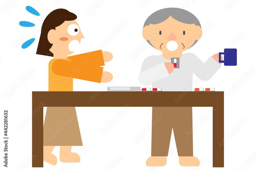 高齢者の薬を包装ごと誤飲してしまうイメージ 高齢者の薬を包装ごと誤飲してしまうイメージ