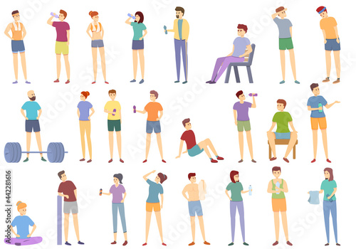 Resting athlete icons set cartoon vector. Bored athlete break. Casual resting gym towel