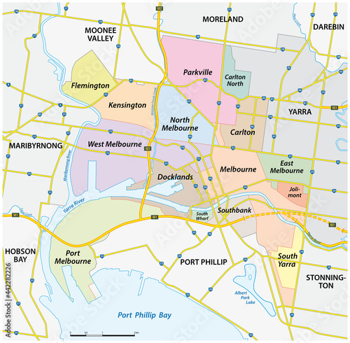 administrative and streets map of the City of Melbourne, Victoria, Australia