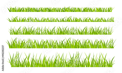 Green grassland lawn field border flat style design vector illustration set isolated on white background. Cartoon summer green grass nature landscape field.