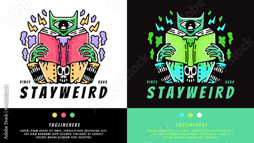 cat alien reading book in hype style. illustration for t shirt, poster, logo, sticker, or apparel merchandise.