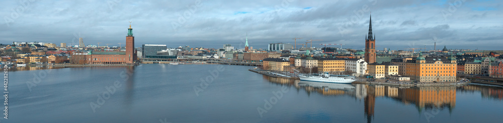 Panorama of the central part of modern Stockholm on a March afternoon