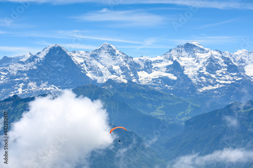 paragliding flyer in the Bernese Alps in front of Eiger Mönch and Jungfrau