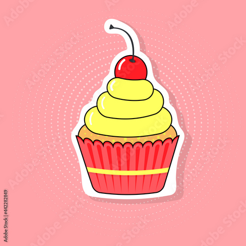 Pop art style cupcake with cherry on the halftone background. 