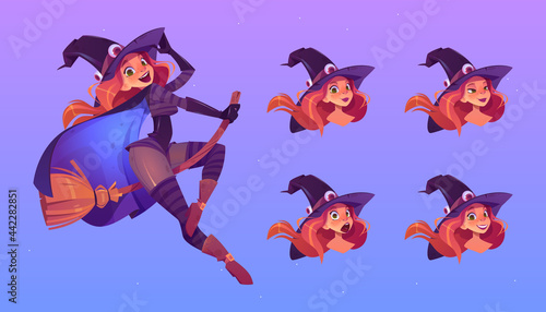 Tableau sur toile Witch flying on broom, beautiful redhead woman in spooky hat with different face expression cartoon set