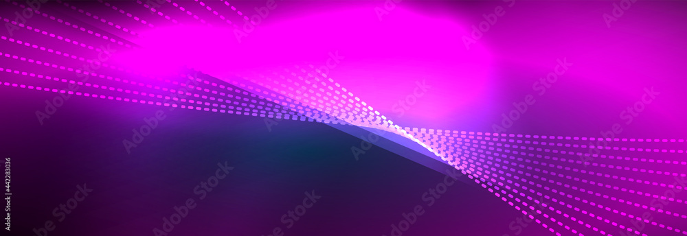 Neon shiny color background with light glowing wave line particles. Wallpaper background, design templates for business or technology presentations, internet posters or web brochure covers Neon shiny color background with light glowing wave line particles. Wallpaper background, design templates for business or technology presentations, internet posters or web brochure covers