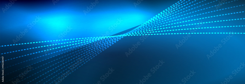 Neon shiny color background with light glowing wave line particles. Wallpaper background, design templates for business or technology presentations, internet posters or web brochure covers Neon shiny color background with light glowing wave line particles. Wallpaper background, design templates for business or technology presentations, internet posters or web brochure covers