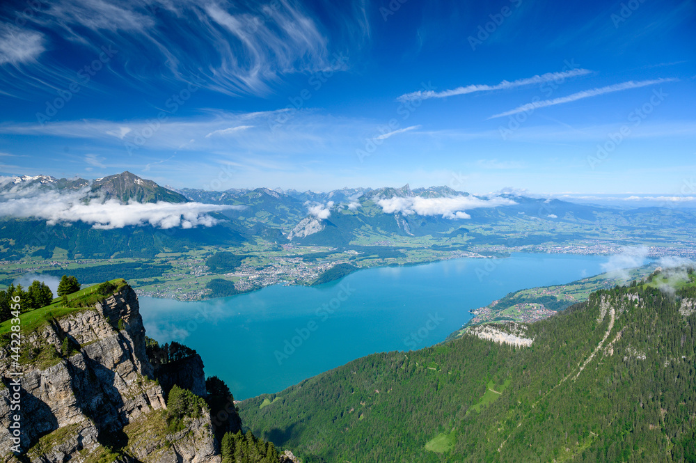 view from Niederhorn over Lake Thun with Spiez, Niesen and Thun