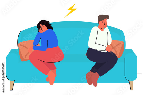 an angry man and an offended woman are sitting separately from each other. Breakup of relations, quarrel, misunderstanding