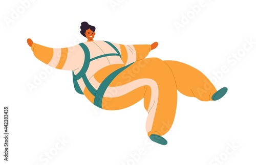 Free fall of happy smiling woman. Parachutist flying down during skydiving ju...