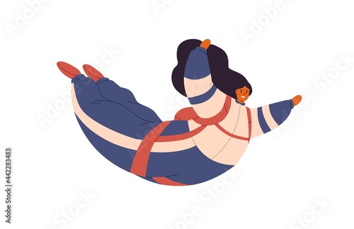Free fall with parachute of happy woman. Female character flying down during skydiving jump. Fearless skyjumper soaring. Colored flat vector illustration parachutist isolated on white background