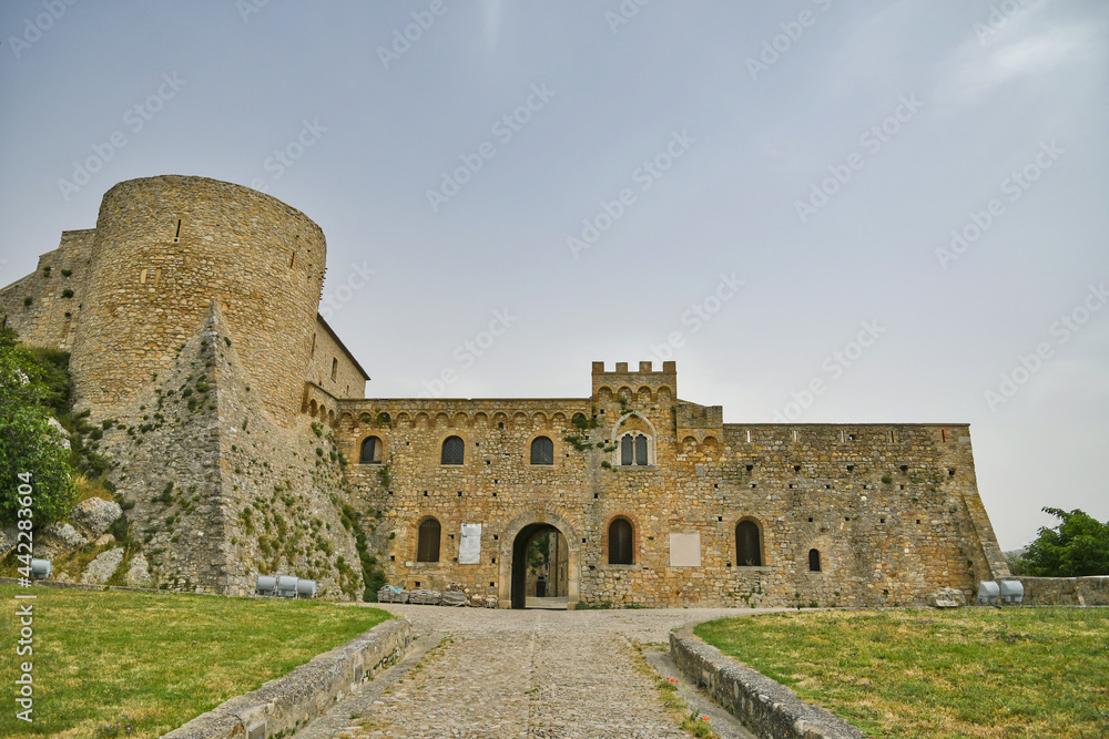 Bovino, Italy, June 23, 2021. Facade of a medieval castle in an old village in southern Italy.