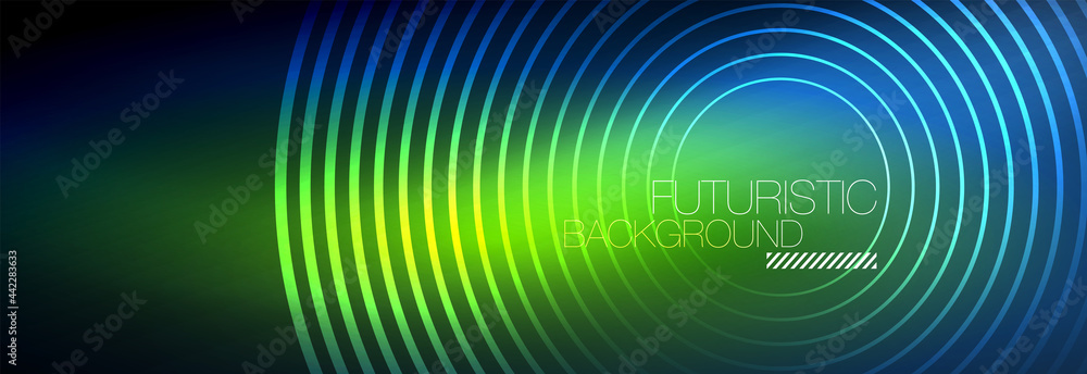 Dark abstract background with glowing neon circles. Trendy layout template for business or technology presentation, internet poster or web brochure cover, wallpaper Dark abstract background with glowing neon circles. Trendy layout template for business or technology presentation, internet poster or web brochure cover, wallpaper