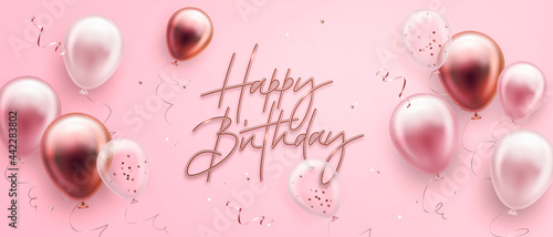Vector birthday elegant greeting card or banner with golden, pink and white balloons and falling confetti. Vector illustration