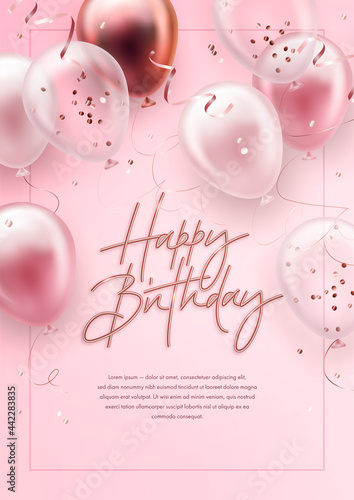 Vector birthday elegant greeting card or banner with golden, pink and white balloons and falling confetti. Vector illustration