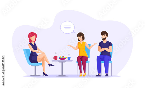 Married couple at psychotherapy consultation together. Family psychologist help solving problem conflict to husband and wife. Mental therapy session to overcome crisis in relationship