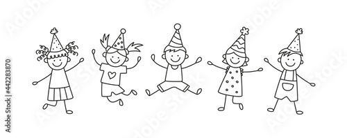 A group of happy jumping kids at a birthday party. Children in festive hats jump on a fun holiday. Hand drawn children drawing. Vector illustration isolated in doodle style on white background.