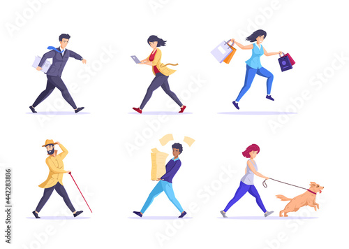 Set hurrying people. Diverse man and woman running in hurry or haste. Lateness or tardiness