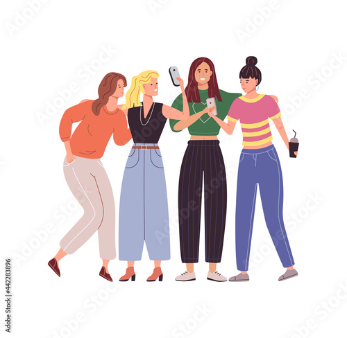 Diverse woman friendship group posing taking selfie together use smartphone. Happy female friends photographing on mobile phone. Girls power, friends spend time together