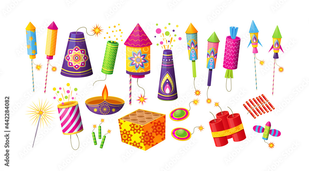 Collection of different firecracker or pyrotechnics rocket. Equipment for fireworks festival or holiday. Feast petard for festival celebration. Festive decoration for Diwali holiday