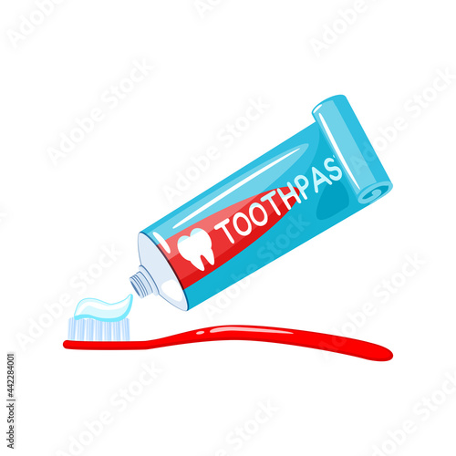 Toothpaste tube and toothbrush. Vector illustration cartoon flat icon isolated on white background.