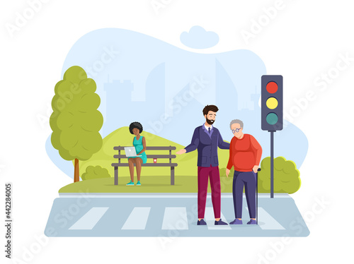 People walking on crosswalk crossing avenue road with traffic light. Pedestrians going at cityscape. Volunteer male help elderly grandfather walking street on zebra urban landscape