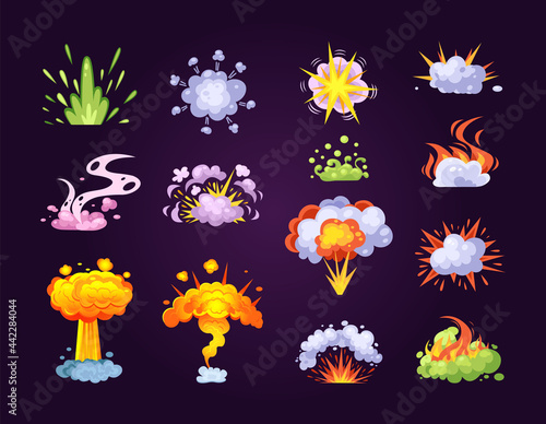 Colorful bomb explosion. Set of blast atom explosive effect. Burn abstract exploded hydrogen with dust, energy or fire. Atomic destruction danger catastrophe.