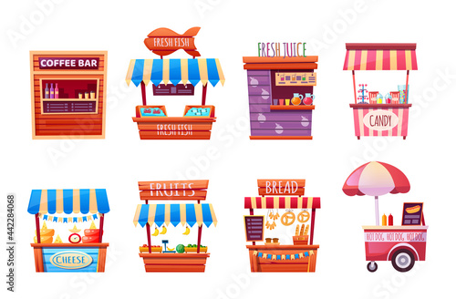 Food market. Set of street tent, car, truck, van selling fruits, bread, pizza, dairy product, candy, cheese, ice cream, coffee bar, fresh fish, hot dog, bbq.