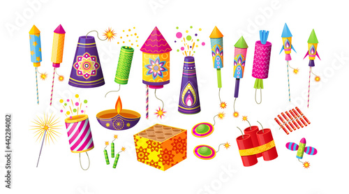 Collection of different firecracker or pyrotechnics rocket. Equipment for fireworks festival or holiday. Feast petard for festival celebration. Festive decoration for Diwali holiday