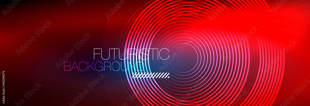 Dark abstract background with glowing neon circles. Trendy layout template for business or technology presentation, internet poster or web brochure cover, wallpaper Dark abstract background with glowing neon circles. Trendy layout template for business or technology presentation, internet poster or web brochure cover, wallpaper