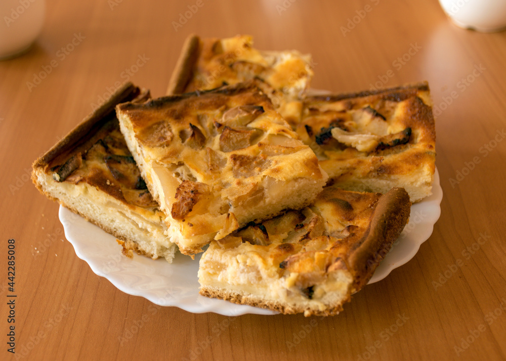 apple pie and white milk cups, school catering concept, lunch for students apple pie and white milk cups, school catering concept, lunch for students