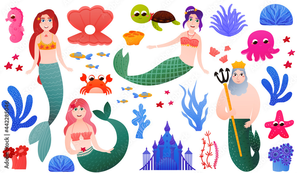Naklejka premium Colourful set of mermaid characters in cartoon style and underwater flora and fauna - seaweeeds and corals, castle