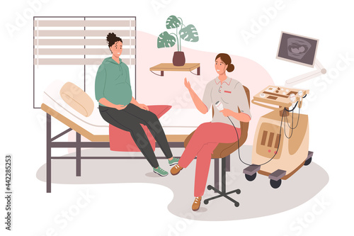 Medical office web concept. Pregnant woman on ultrasound. Doctor examines patient, monitoring prenatal development of baby. People scenes template. Vector illustration of characters in flat design