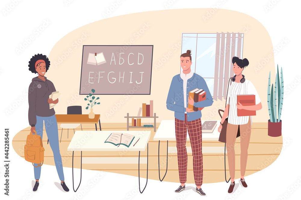 School web concept. Students learn at language course at classroom. Multiracial teenage classmates study in college together. People scenes template. Vector illustration of characters in flat design School web concept. Students learn at language course at classroom. Multiracial teenage classmates study in college together. People scenes template. Vector illustration of characters in flat design