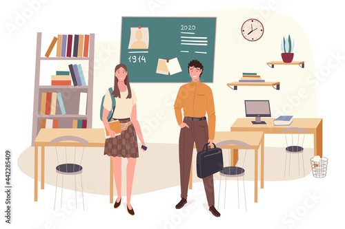 School web concept. Students learns at history lesson at classroom. Teenage classmates study in class. Science and education. People scenes template. Vector illustration of characters in flat design